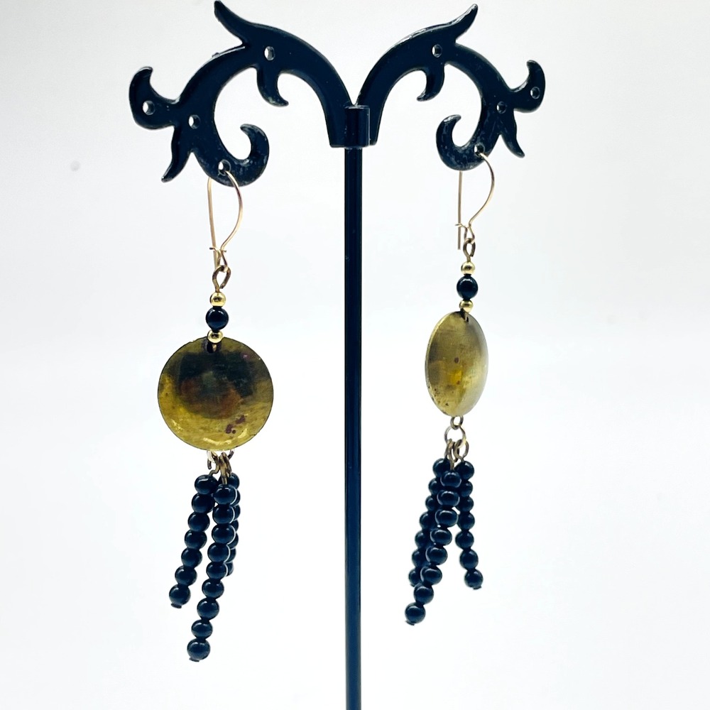 Gold Tone Disc Black Beaded Fringe Dangle Pierced Earrings Boho Statement - Picture 9 of 9